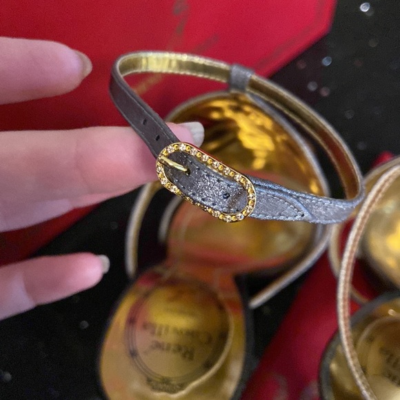 Rene Caovilla "Rosa" Black Sequin Medallions Gold & Platinum High Heel Sandals - Picture 6 of 16